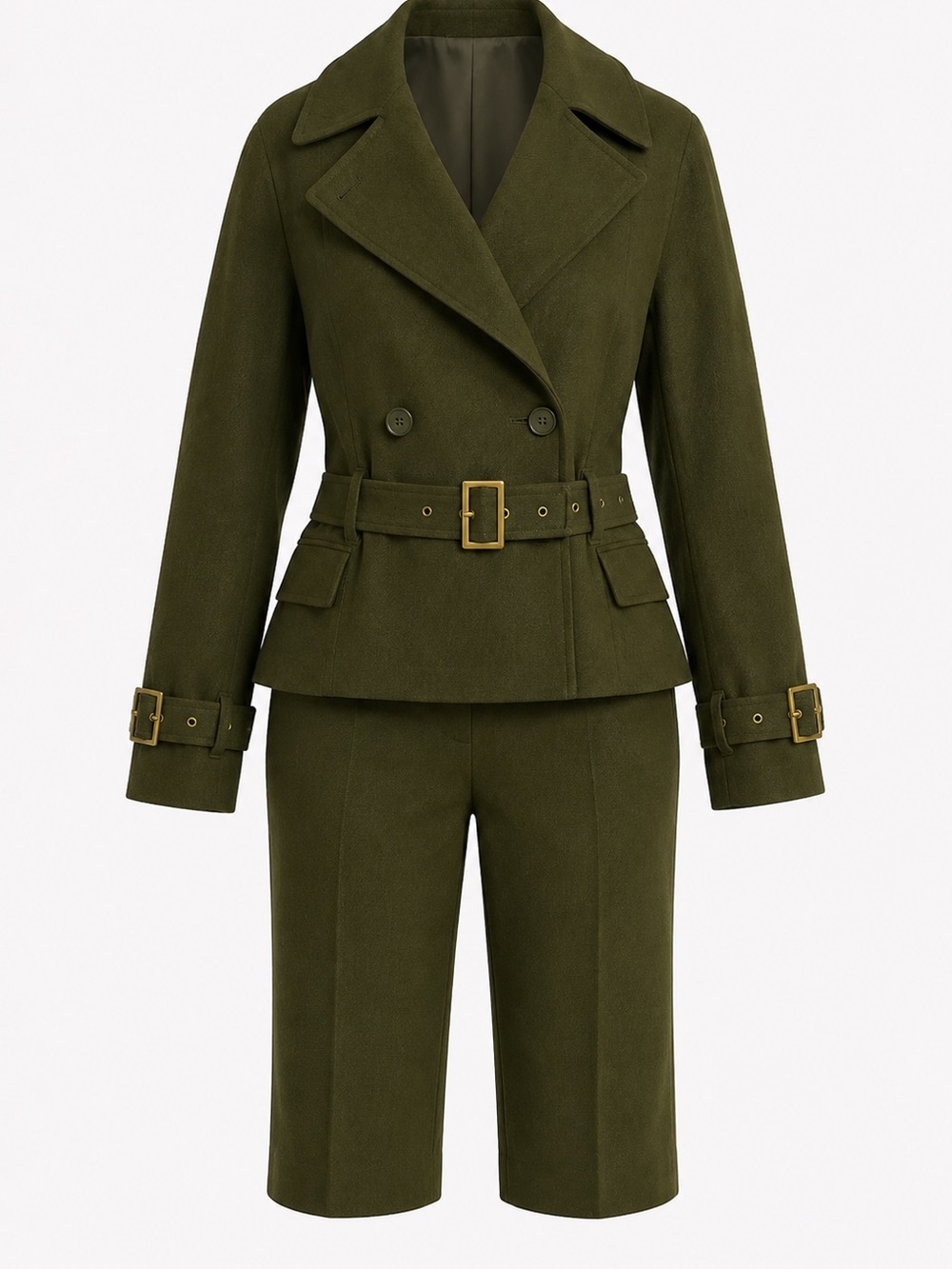Olive Green Belted Tailored Capris and Jacket Set